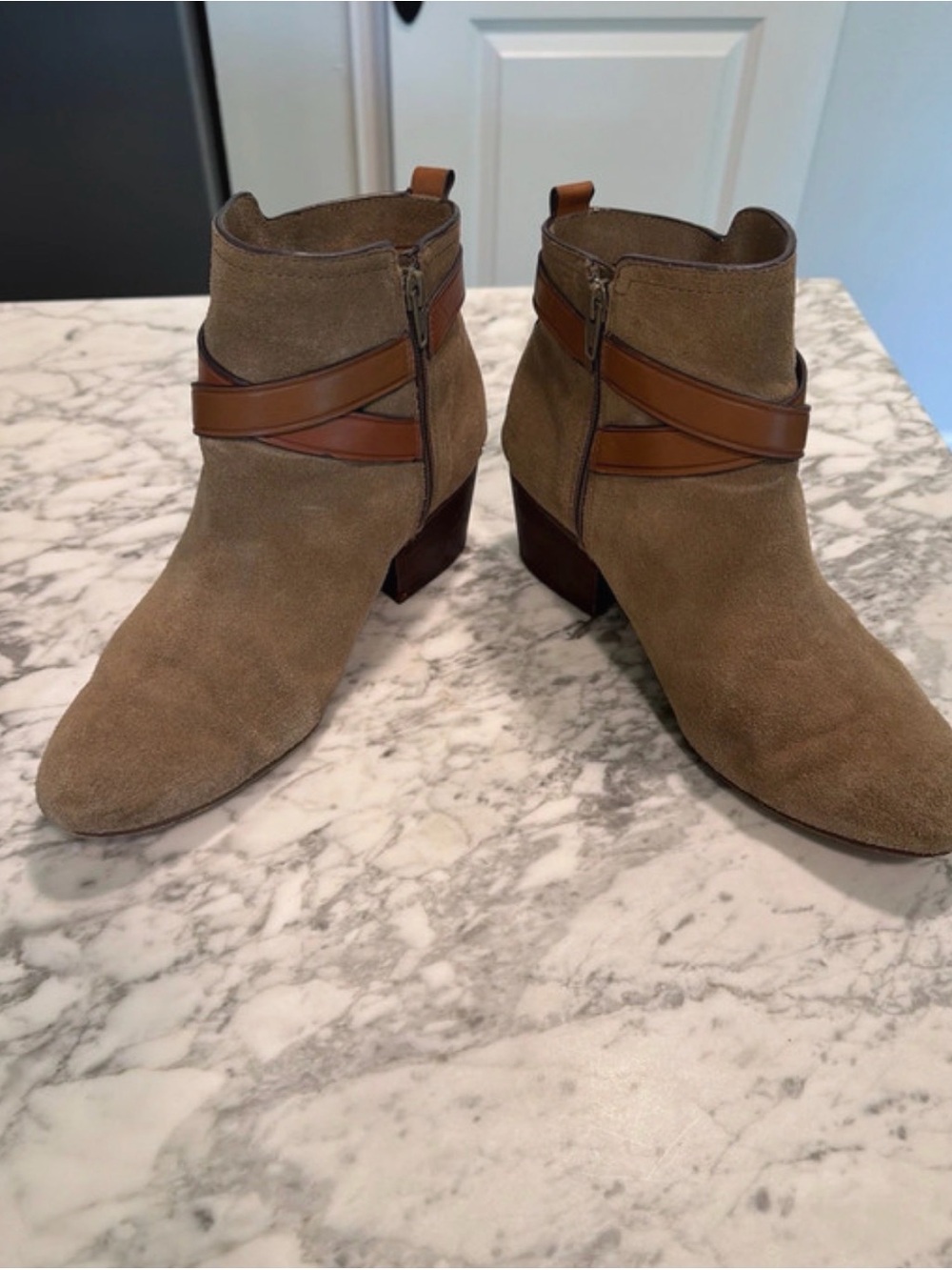 Coach Tan Suede Ankle Booties with Cognac Leather Straps - Picture 3 of 7